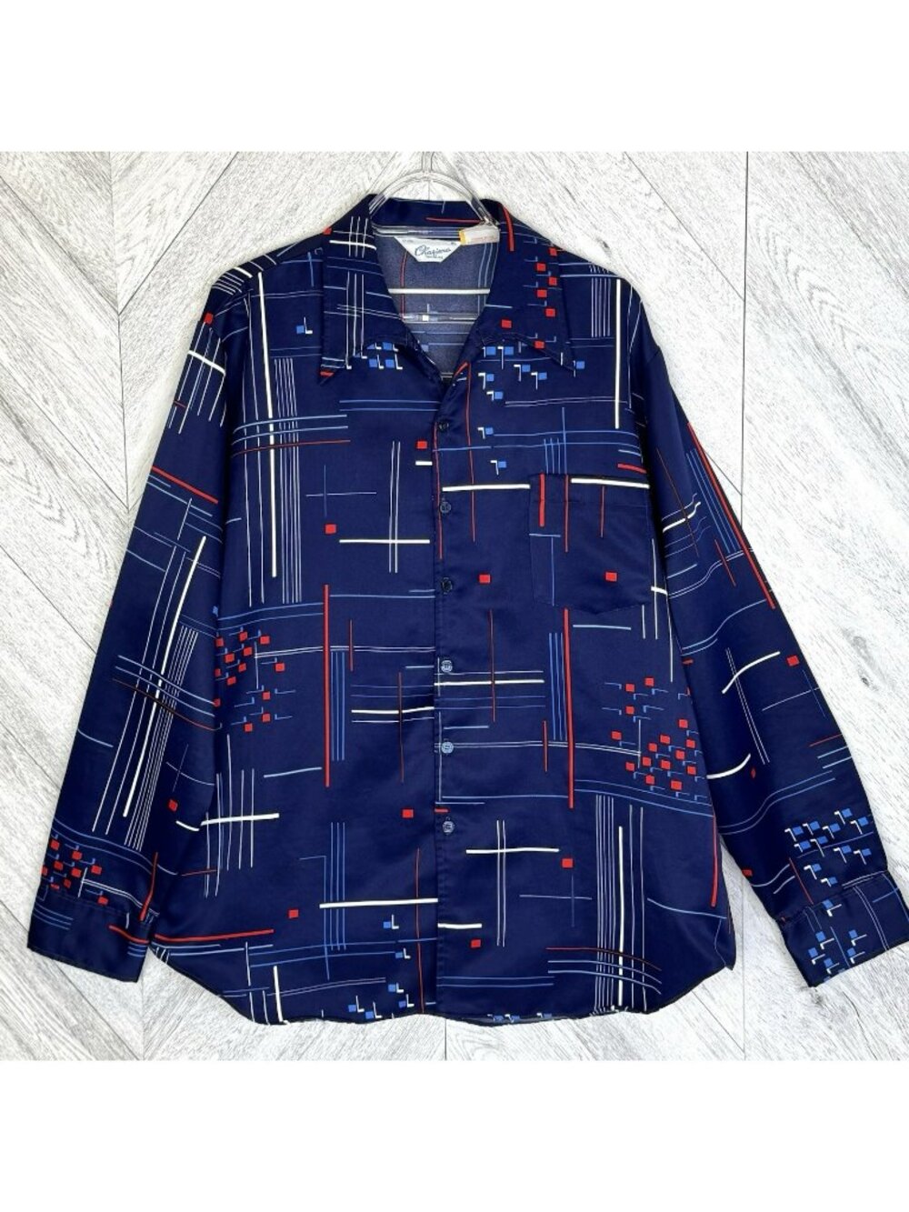 Vintage Atomic Retro Lounge Shirt Geometric Mens Size XL MCM 70s Disco Polyester